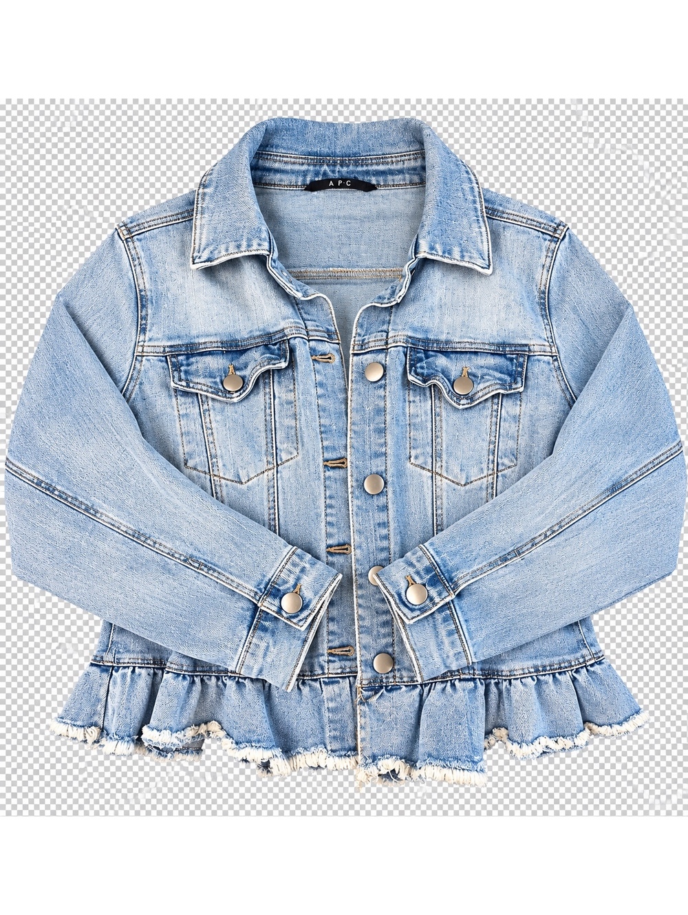 Baccini Women’s Light Wash Denim Jacket Size M Ruffle Frayed Hem
